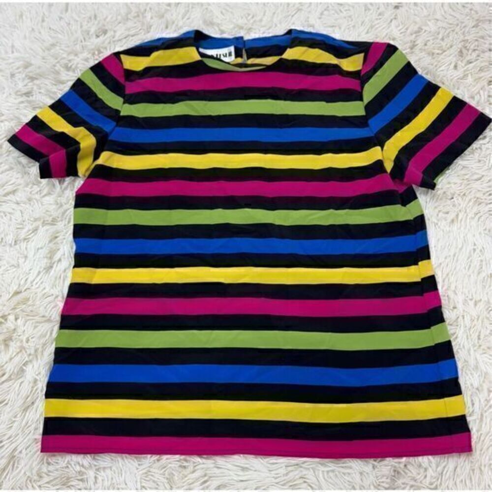 Adorable Pink, Blue, Green, Yellow & Black Striped Vintage Blouse by Joan Leslie